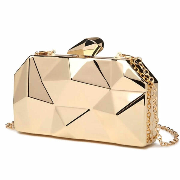 A gold Geometric Evening Clutch on a chain.
