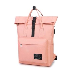 A pink Smart Canvas backpack with black straps.