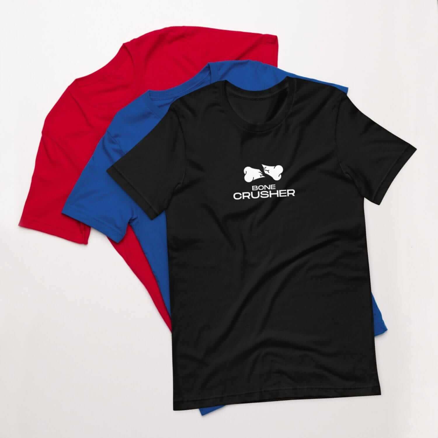 A black, red and blue t - shirt with a logo on it.