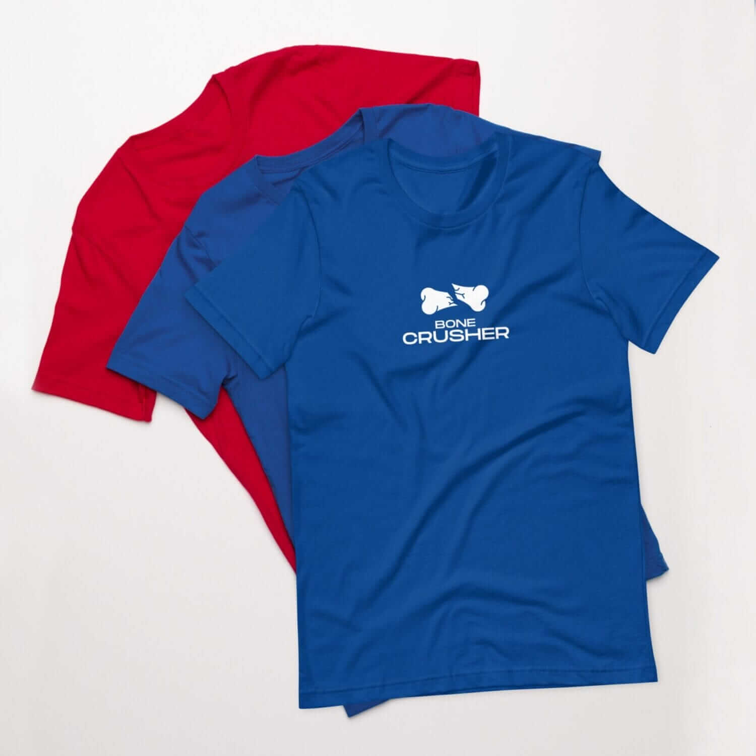 Three blue and red t - shirts with a logo on them.