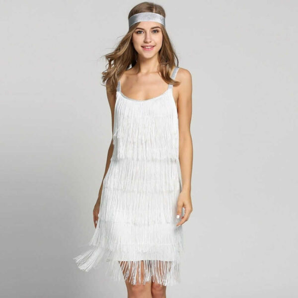 Sentence with replaced product name: A woman wearing a Flapper Mini Dress with Headband.