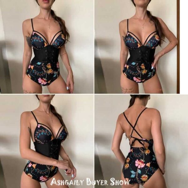 Four pictures of a woman in a Vintage Retro Bathing Suit.