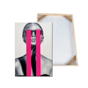 A black and white painting of Women Cries with pink and black stripes over the eyes, placed beside its blank canvas on an easel.