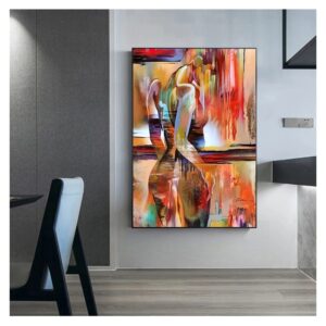 Abstract painting depicting WOMEN OF PERU with warm color palette displayed in a modern interior.