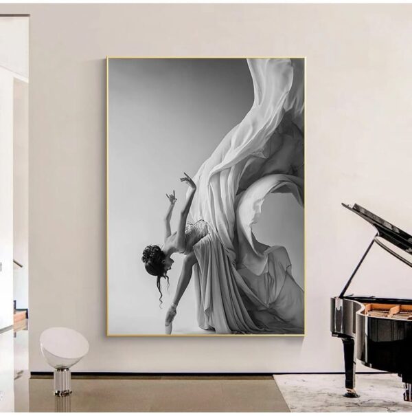 Monochromatic artwork of a woman in flowing drapery, embodying Grace, on a wall beside a grand piano.