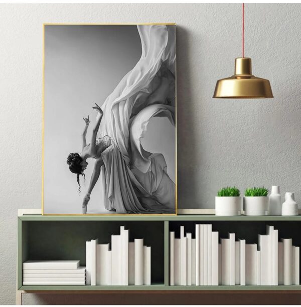 An artistic monochrome painting of a woman draped in flowing fabric with Grace on a wall above a shelf with white books and green plants.
