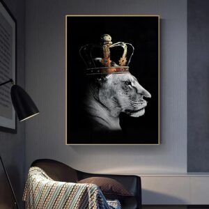 Artistic representation of ROYAL AFRICA wearing a crown, displayed as wall decor in a modern interior setting.