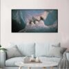 Digital artwork of interconnected human figures displaying the LOVE KISS, displayed above a sofa in a modern living room setup.