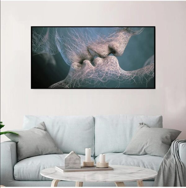 Digital artwork of interconnected human figures displaying the LOVE KISS, displayed above a sofa in a modern living room setup.
