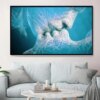 Abstract blue network fibers, symbolizing a LOVE KISS of technology, displayed as art above a modern living room sofa.