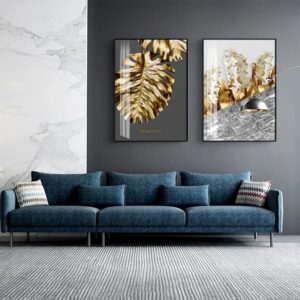 Elegantly furnished living room with a GOLDEN FLOWER LEAF wall art.