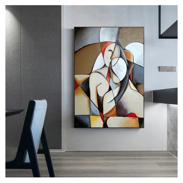 Abstract painting titled "UNITED IN LOVE" hung on a gray wall in a modern dining room setting.