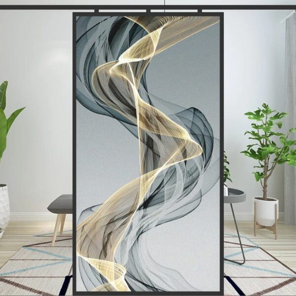 GOLDING ABSTRACT swirl art displayed on a stand in a modern interior setting.