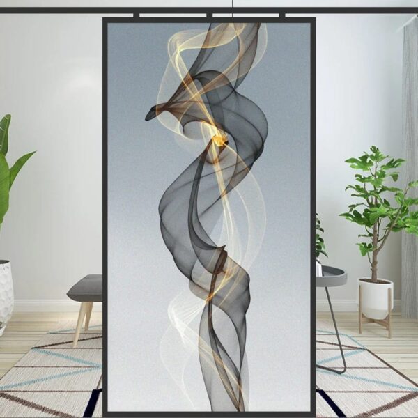 Abstract swirls of smoke-like patterns on a vertical canvas, displayed in a modern room with minimalist decor, feature GOLDING ABSTRACT elements enhancing the GOLDING ABSTRACT design.