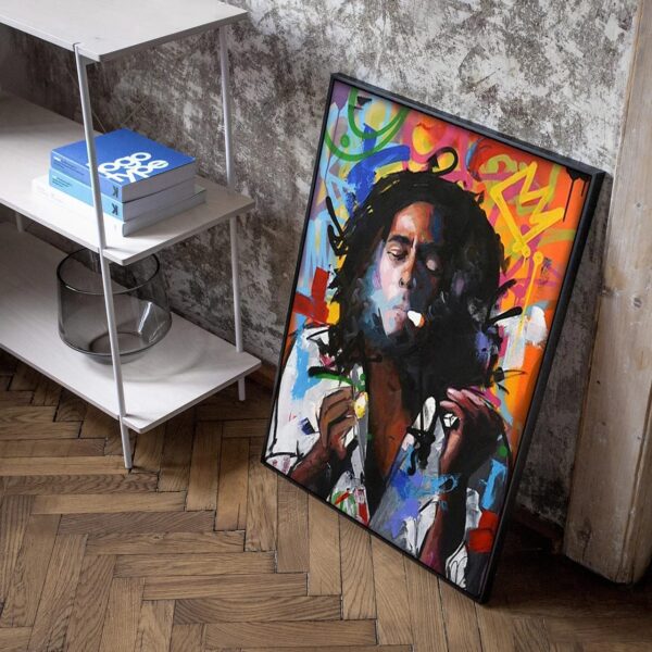 Colorful portrait of BOB MARLEY ROOTS with headphones resting against an interior wall, near a modern shelf with books.