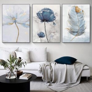 A serene living room featuring a white sofa with a throw blanket and blue pillows, complemented by a triptych of SCANDINAVIAN FLOWER wall art.