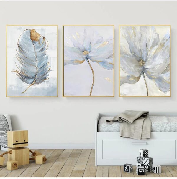 Sentence with product name: A triptych of serene SCANDINAVIAN FLOWER wall art above a modern white sofa, with a charming wooden toy on the floor.