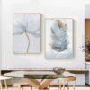 Two framed artistic prints on a wall, one depicting an abstract SCANDINAVIAN FLOWER and the other a feather, above a modern dining table with chairs.