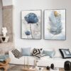 A living room wall adorned with two large SCANDINAVIAN FLOWER canvases above a white sofa decorated with patterned cushions.