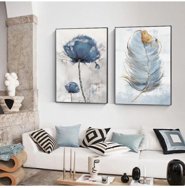 A living room wall adorned with two large SCANDINAVIAN FLOWER canvases above a white sofa decorated with patterned cushions.