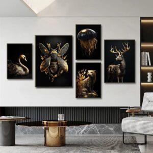A modern living room features five framed Black Gold Animal Canvases depicting a swan, insect, jellyfish, deer, and wolf with gold accents on a dark background, hung on a white wall above a marble and gold coffee table. The black-and-gold themes add sophistication to the space.