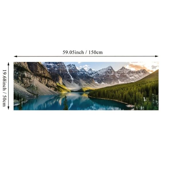 Panoramic view of a mountain lake surrounded by forested mountains with dimensions labeled as 59.05 inches (150 cm) wide and 19.68 inches (50 cm) high, Landscape Wall Art.