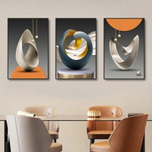 Three 3pcs Modern Geometric paintings featuring shapes and spheres are displayed on a wall above a dining area with four modern chairs and a table.