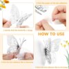 Instructional image demonstrating how to apply a 12Pcs Fashion 3D Hollow Butterfly wall decal using dot adhesive. Steps include folding the wings, peeling the adhesive paper, and attaching the butterfly to a surface.