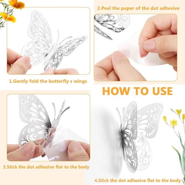 Instructional image demonstrating how to apply a 12Pcs Fashion 3D Hollow Butterfly wall decal using dot adhesive. Steps include folding the wings, peeling the adhesive paper, and attaching the butterfly to a surface.