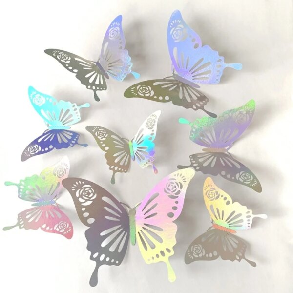 A set of 12Pcs Fashion 3D Hollow Butterfly holographic paper cutouts, featuring iridescent shades and displayed on a white background.